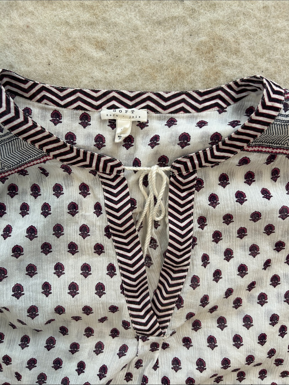 Soft Joie White Peasant Blouse with Black & Burgundy Motif
